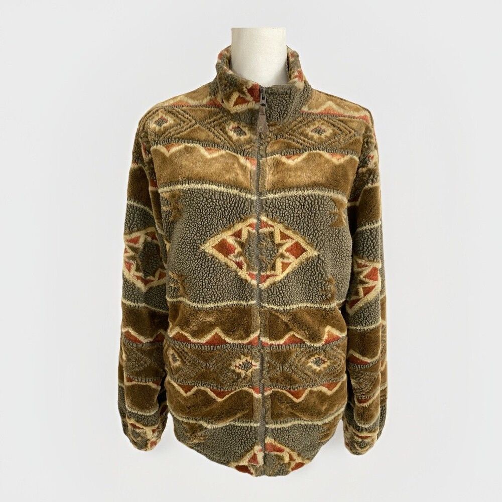 Vintage Woolrich Jacket Women's L Brown Aztec Southwest Fleece Full Zip Lined